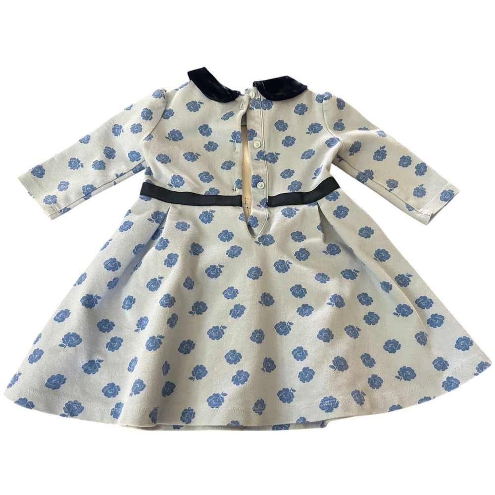 Janie and Jack Girls Blue Floral Rose Dress Velvet Collar Size 3